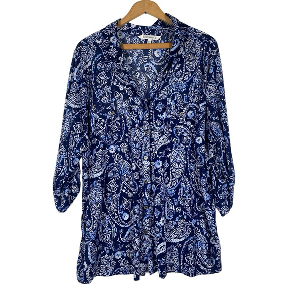 Emily Daniels Top 2X Blue Paisley Slinky Knit Travel Button Up Coastal Mature - Picture 1 of 13